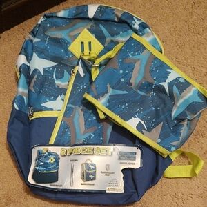 Shark Print Kids Backpack and Lunch Bag Set - Blue and Yellow